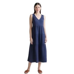 Quince Indigo Muted Blue Organic Cotton Gauze Tiered Maxi Dress Small